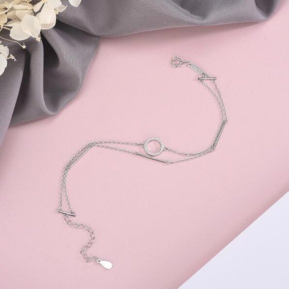 925 Sterling Silver Diamond Circle Bar Bracelet E - Picture 5 of 8